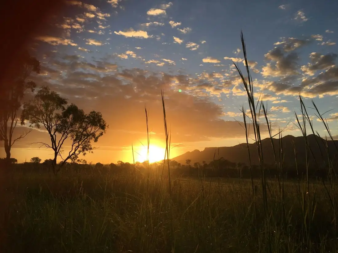 Sunset over farmland and hills near Biggenden, Queensland